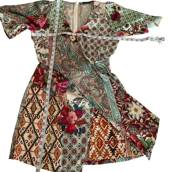 Zara Wrap Dress Patchwork Paisley Floral Aztec Tan Green Blue Zipper Back Small - Picture 6 of 11
